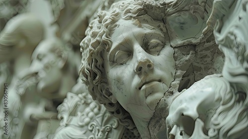 Close-up of a weathered stone sculpture of a woman's face, surrounded by intricate carvings.