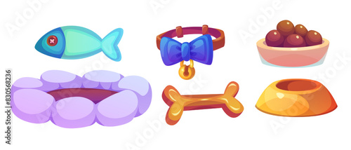 Pet accessories set isolated on white background. Vector cartoon illustration of animal food bowls, soft bed for cat or dog, toy fish, collar decorated with bow, bone, animal goods, vet clinic