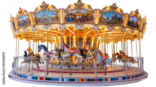 A carousel with horses and other animals on it. The carousel is surrounded by a fence, isolated on transparent background