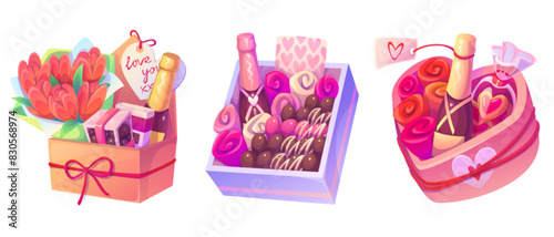 Chocolate candy box for Valentine day with heart icon. Sweet food present isolated isometric cartoon set. Cute rose bouquet element with praline to give for 14 February or marriage anniversary.