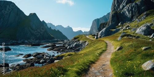 A mountain range with a path leading to the water. The path is surrounded by grass and rocks