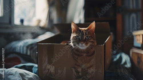 箱の中に入って見つめるネコ