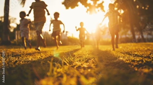 A group of children are running in a park. The sun is shining brightly, casting long shadows on the grass. The children are enjoying their time outdoors, playing and running around
