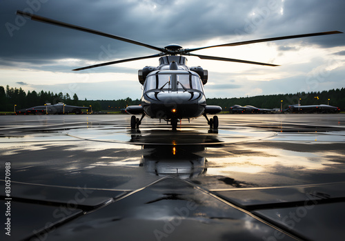 Front of Helicopter on landing pad by mountains and evening sunlight in background. Rescue Air transport technology. Are classified as rotary-wing aircraft with large propellers mounted above body.