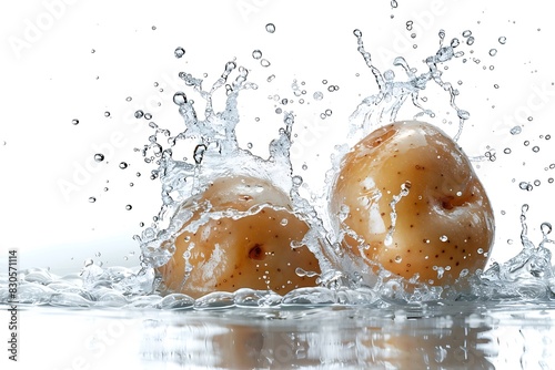 Two potatoes with water splash on white background