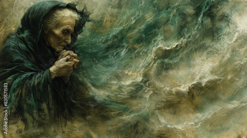 old woman with Despair: Hollow gaze, trembling hands, drowning in a sea of hopelessness