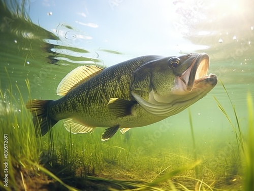 A large fish is swimming in a body of water. The fish is surrounded by green grass and the water is clear