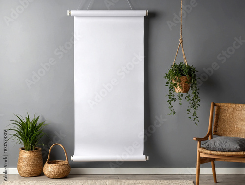 Mockup of a white paper roll hanging on the wall side view with a clipping path ing Mockup of a paperhanging wallpaper Scroll template for home decoration Canvas in room interior.