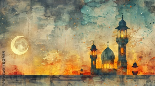 Lanterns stand in the desert at night sky, lantern Islamic Mosque, crescent moon Ramadan Kareem themed illustration background. white background, watercolor style. text Digital illustration 