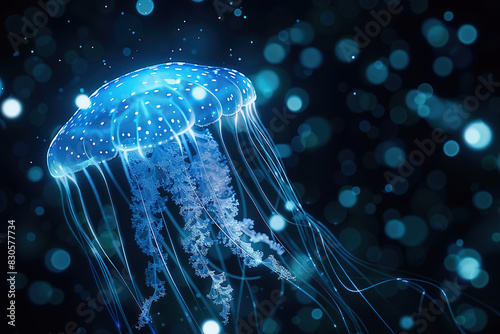 Close ups of jellyfish emitting fluorescence against a deep blue background