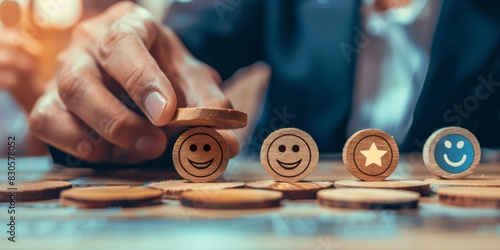 Customer experience concept / Service rating evaluation and feedback concept. Hand of businessman picks positive point winking smiley emoticon and pick another smiley face icon on wooden blocks.