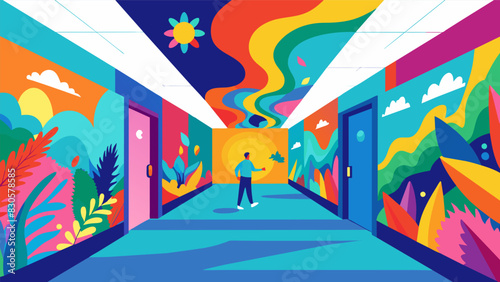 A vibrant mural painted collaboratively by students brightening up the drab hallway and adding to the colorful atmosphere of the exhibition.. Vector illustration