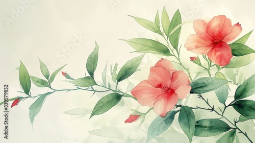 watercolor Delicate watercolor painting of red hibiscus flowers with green leaves on a beige background.