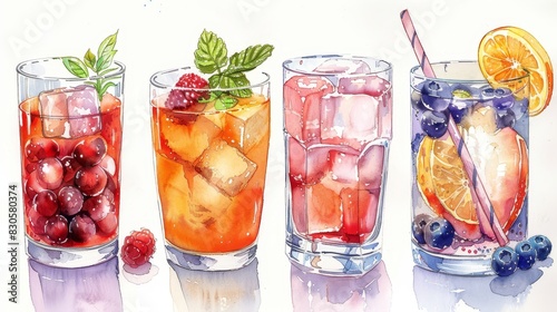 watercolor Refreshing summer drinks. A variety of delicious flavors to choose from. Cool down with a glass today!