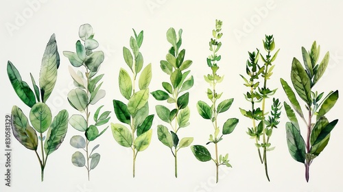 watercolor The image shows a variety of watercolor herbs, including sage, rosemary, and thyme. The herbs are all green and leafy, and they are arranged in a row on a white background.