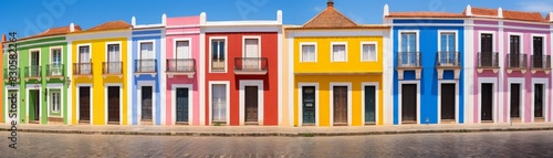 Vibrant Colonial Charm: Colorful Row of Houses Along Cobblestone Street
