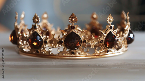 Gaze upon a magnificent crown of pure gold, its surface adorned with fiery garnet stones, evoking a sense of timeless elegance