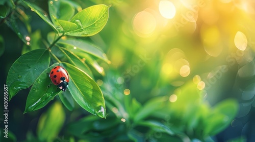 Beautiful nature background with green leaves and ladybug in sunlight