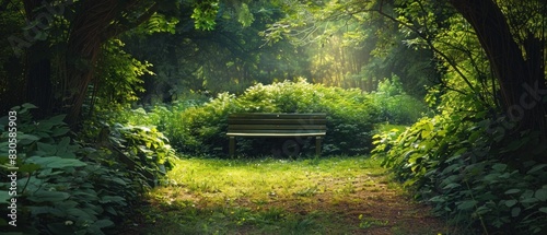 An empty park bench in a lush green garden, offering a peaceful retreat for quiet contemplation or reading