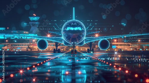 Aircraft taxiing on the runway at night and preparing for takeoff - concepts of takeoff and development
