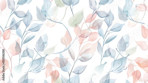 Seamless pattern of hand-drawn pastel-colored leaves and branches, creating a soft and natural design
