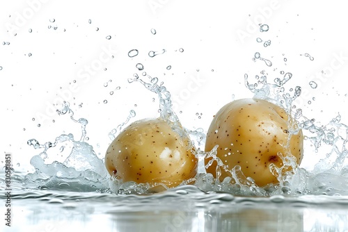 Two potatoes with water splash on white background