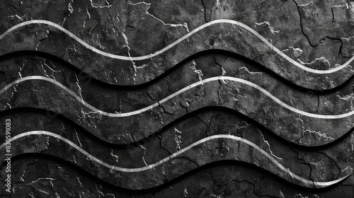  A black-and-white image of a wave pattern on a rock wall White lines run across the top of each wave