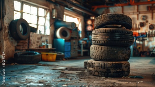 Close-up of a car engine in an industrial setting with detailed wheels and tires
