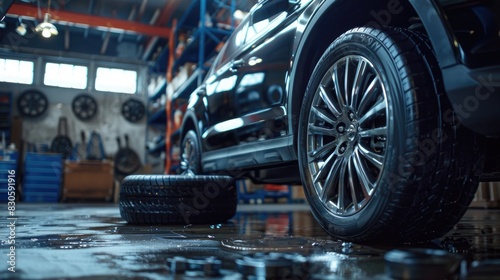 Close-up of a car engine in an industrial setting with detailed wheels and tires