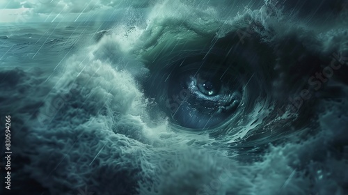 A hurricane's eye as seen from a boat in the stormy sea 