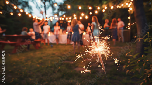 A brightly lit sparkler in the foreground, casting a warm glow, with a festive backyard party in the background. 4th july, memorial. independence