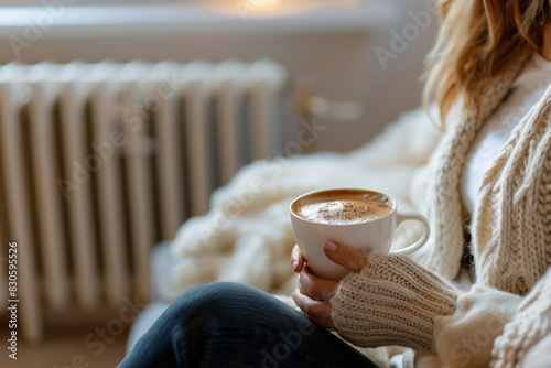 Young woman wearing a sweater freezing for winter cold with her cat. Girl is sitting over electric heater, drinking hot coffee or tea, warming up hands. Discomfort spending time at home. Coldly, chill