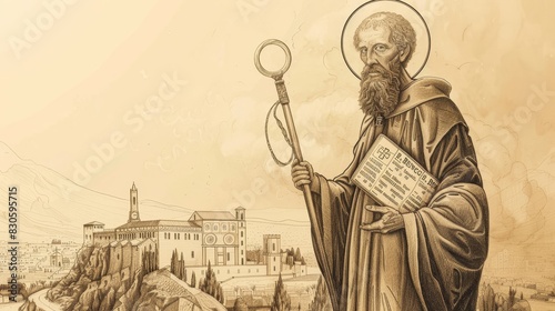Biblical Illustration of St. Benedict Holding Rule of St. Benedict and Crozier at Monte Cassino Abbey, Beige Background, Copyspace