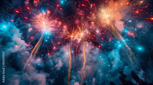 A vibrant explosion of fireworks in the night sky, an American flag. background. 4th july