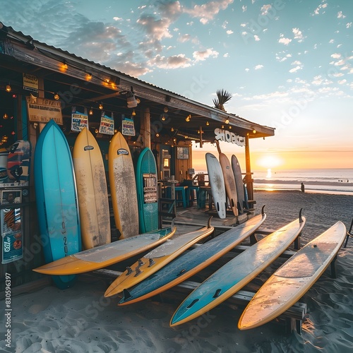 Sunset Surf Shop by the Beach with Colorful Boards on Display
