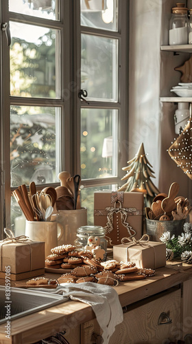 A warm and festive kitchen setting with gingerbread cookies and wrapped gifts. Generate AI
