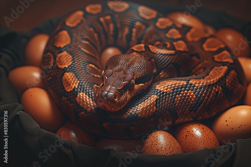 the snake hatches eggs. Snake's nest. Reproduction of snakes in nature