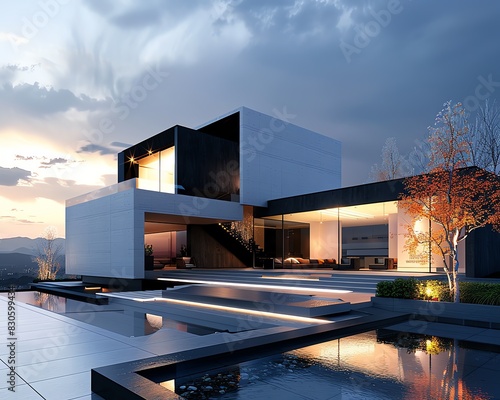 Beautiful minimalist house, sleek modern design, clean architectural lines, no greenery or furniture