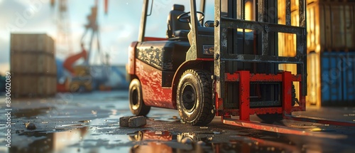Red forklift in a busy container yard with sunlight reflecting off wet pavement and stacks of containers in the background.