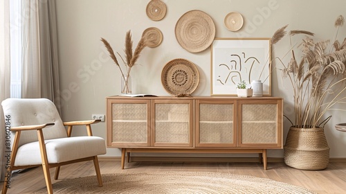 A stylish Scandinavian-inspired sideboard with rattan doors, complemented in the style of an armchair and decorative objects on the wall, creating a chic home interior design.