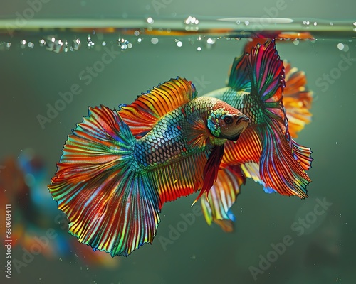 Exquisite Thai fighting fish with rainbow scales in combat, swimming in a clear glass tank, red gills visible, green water, air bubbles present