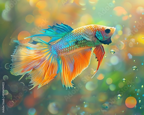 Colorful Thai fighting fish with rainbow hues fighting in a clear tank, red gills open, green water, bubbles floating