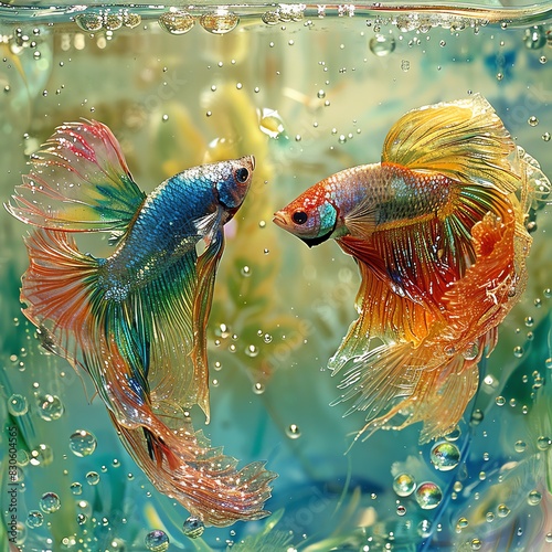 Dynamic duel of rainbow Thai fighting fish in a pristine glass tank, red gills inflamed, surrounded by green water and air bubbles