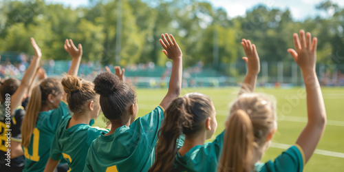 A group of young female football players in green jerseys raise their hands on the sidelines, cheering during a sunny outdoor match.