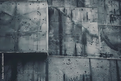 A close-up of a textured metal wall with a grungy black and white aesthetic and visible wear and tear