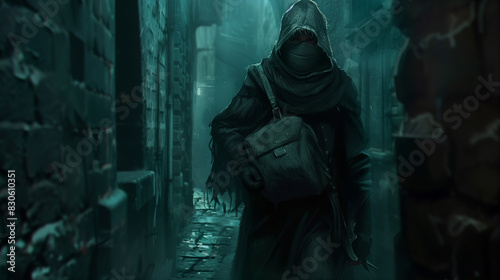 A cunning thief with a hood and a mask, carrying a bag of loot, sneaking through a dark alley. , character concept, video games