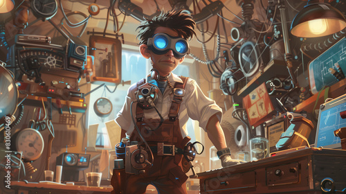 A quirky inventor with goggles and a utility belt full of tools, standing in a cluttered workshop filled with gadgets and gizmos. , character concept, video games