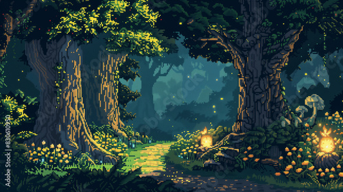 A pixel art enchanted forest with tall, ancient trees, glowing mushrooms, and a winding path. , assets, pixel art