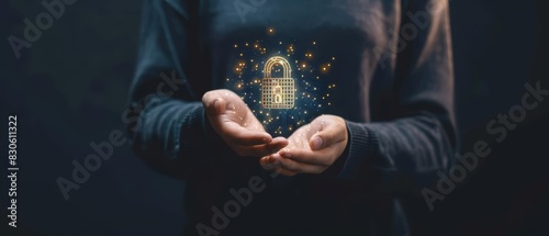 A businessman holding a digital wireframe lock in his palm, representing data security or privacy Closeup shot focusing on the lock and the hand
