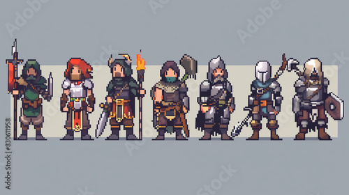 A series of pixel art icons of different character classes, such as warriors, mages, and archers. , pixel art, set of icons, game assets